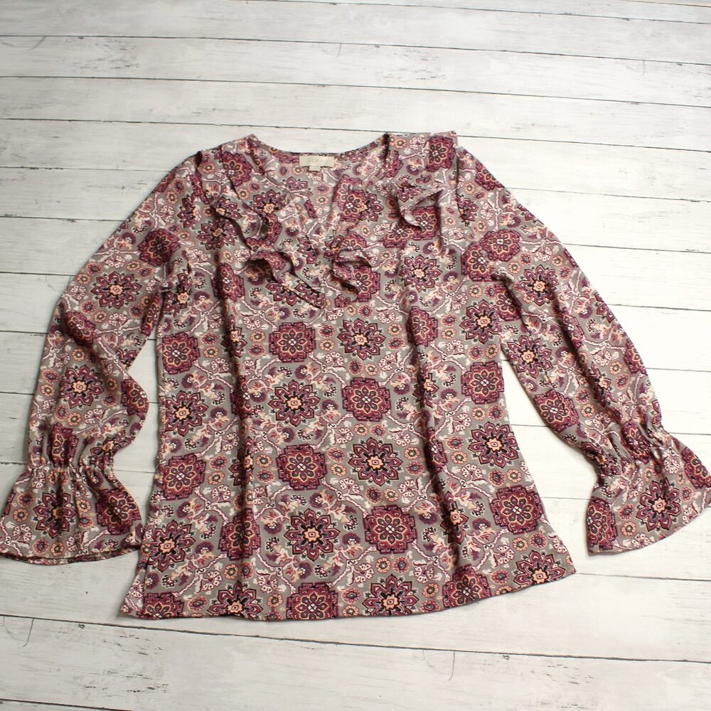 Loft Women's Floral Chiffon Blouse Size S Long Sleeve Ruffle Career Wear